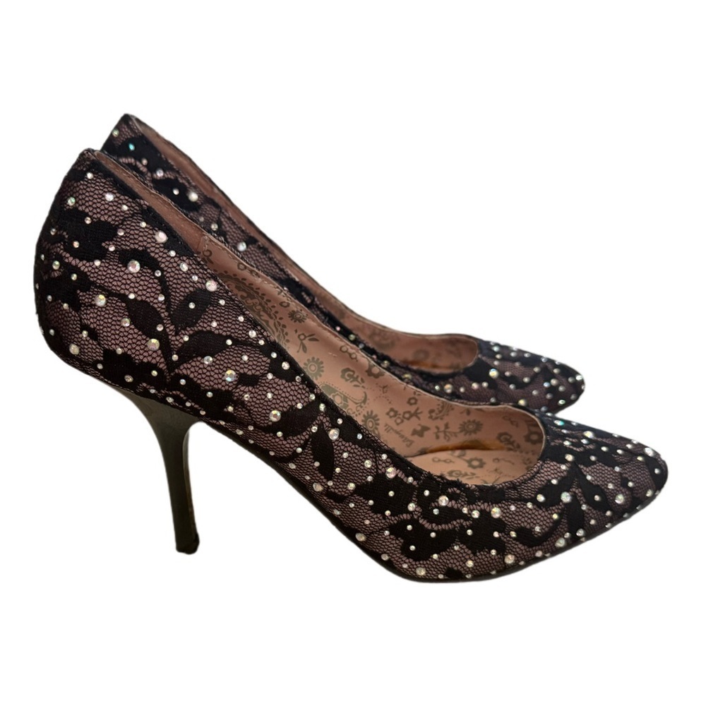 Betsey Johnson Betseyville Black Floral Rhinestone Stiletto Heels Size 7
